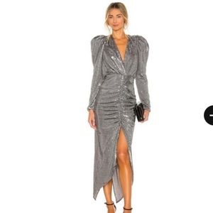 Ronny Kobo Collection Silver Astrid Sequin Puff Sleeves Midi In Size M New